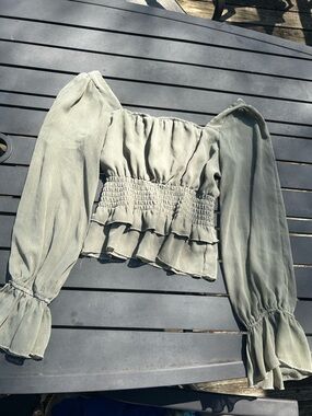 HYFVE Sage Green Smocked Peasant Blouse with Ruffle Hem